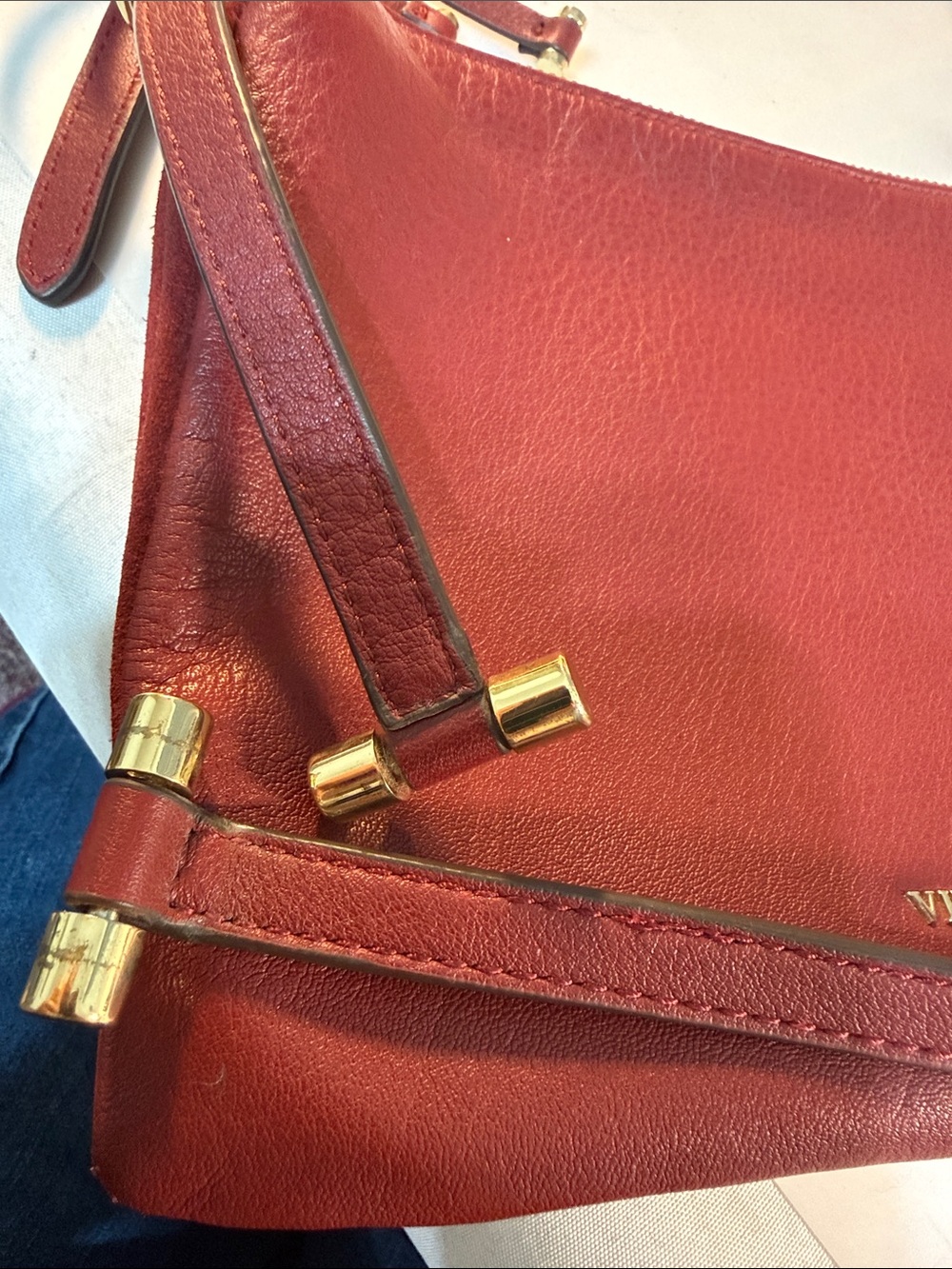 Vince Camuto Burgundy Leather Crossbody with Gold Logo 7” x 10” strap 22” appx - Picture 4 of 13